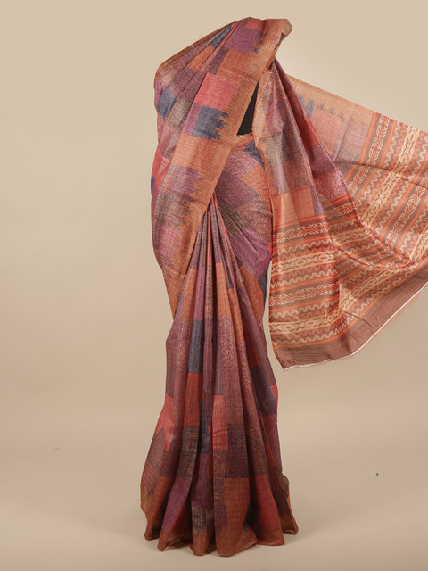 

Pothys Pink & Grey Printed Jute Silk Saree