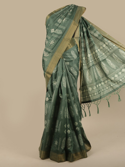 

Pothys Green & Gold-Toned Floral Printed Zari Jute Silk Saree