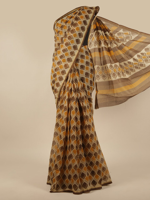 

Pothys Cream-Coloured & Yellow Floral Zari Saree