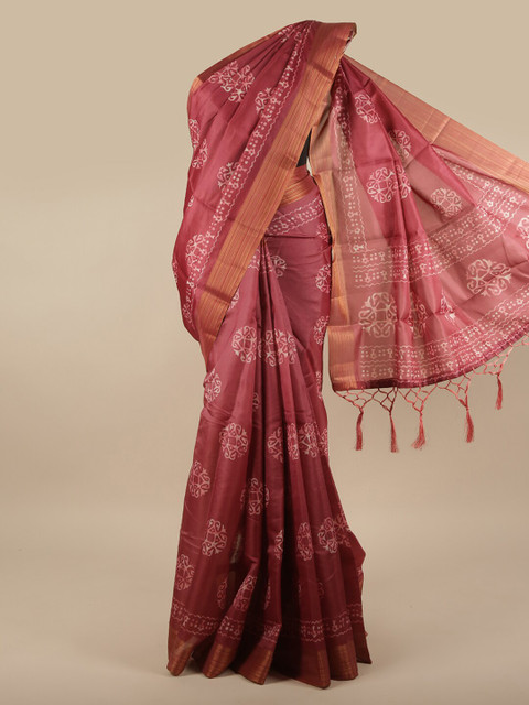 

Pothys Pink & White Ethnic Motifs Printed Zari Jute Silk Saree