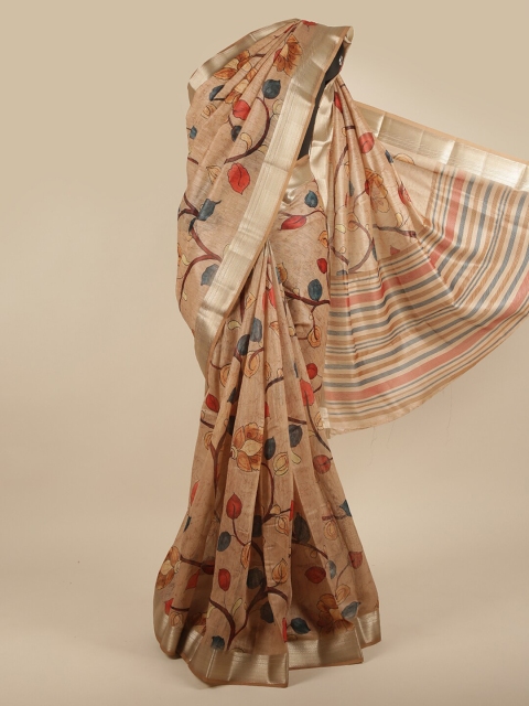 

Pothys Cream-Coloured & Blue Floral Zari Jute Silk Saree