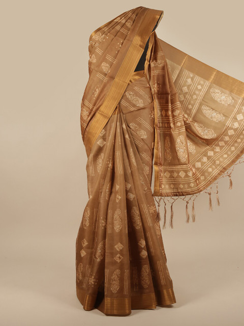

Pothys Brown & Off White Ethnic Motifs Zari Jute Silk Saree