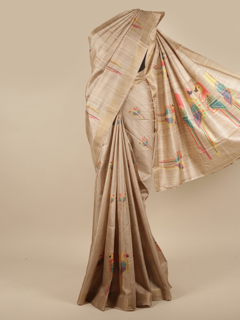 

Pothys Cream-Coloured & Pink Ethnic Motifs Printed Zari Jute Silk Saree