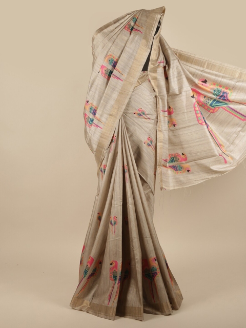 

Pothys Cream-Coloured & Blue Ethnic Motifs Jute Silk Saree