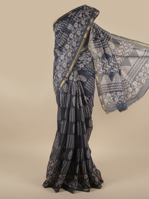 

Pothys Blue & Gold-Toned Floral Zari Jute Silk Saree