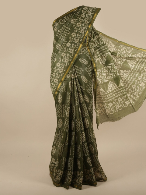 

Pothys Green & Gold-Toned Floral Jute Silk Saree