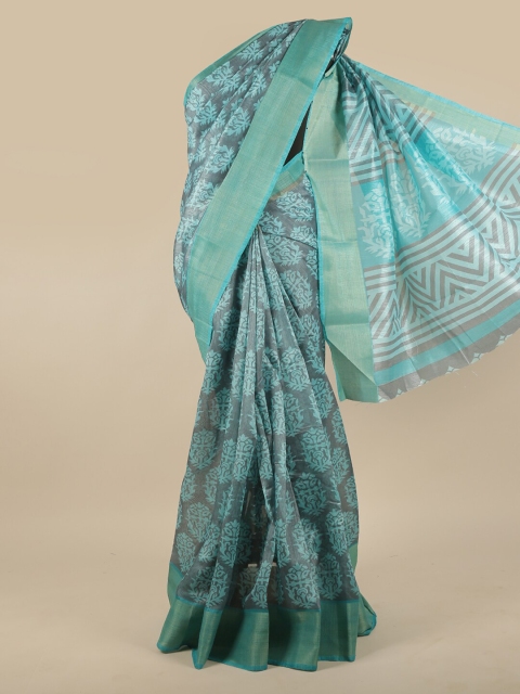 

Pothys Grey & Turquoise Blue Ethnic Motifs Zari Saree