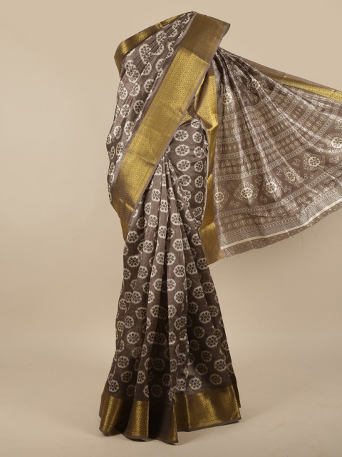 

Pothys Grey & White Geometric Printed Zari Saree