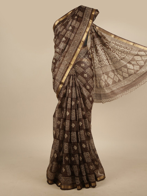 

Pothys Brown & White Ethnic Motifs Zari Jute Silk Saree