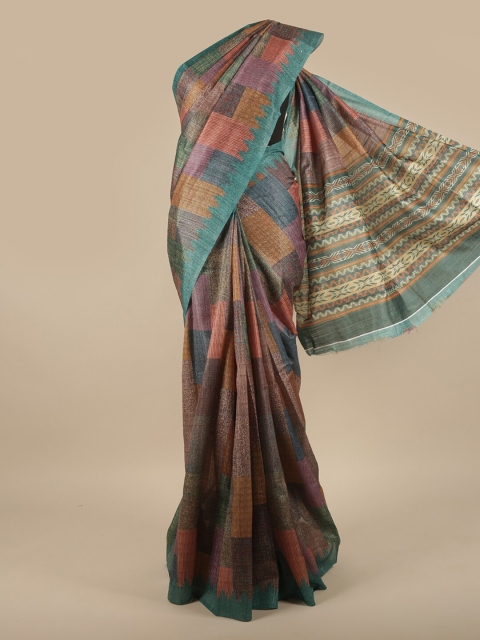 

Pothys Blue & Green Geometric Printed Jute Silk Saree