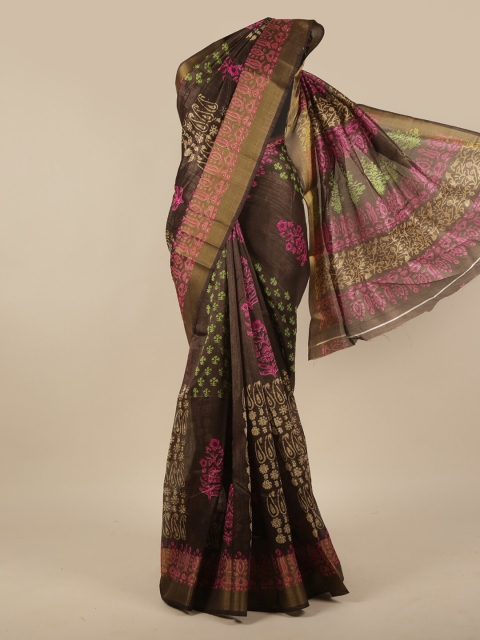 

Pothys Brown & Green Ethnic Motifs Printed Zari Saree