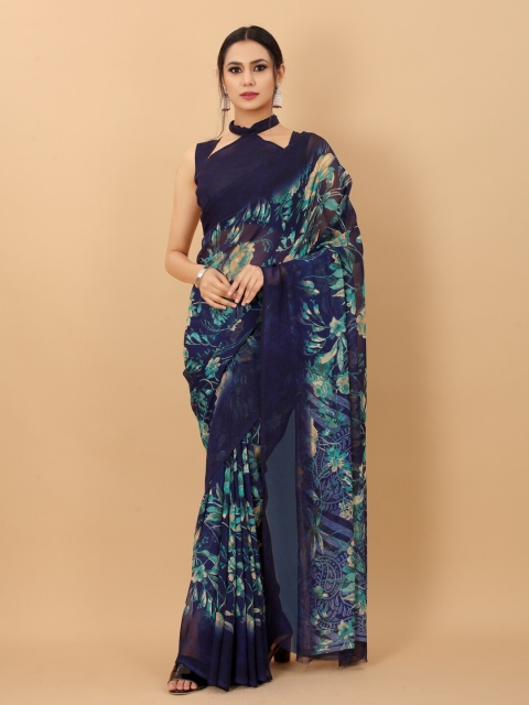

PERFECTBLUE Blue & Brown Floral Printed Pure Georgette Saree