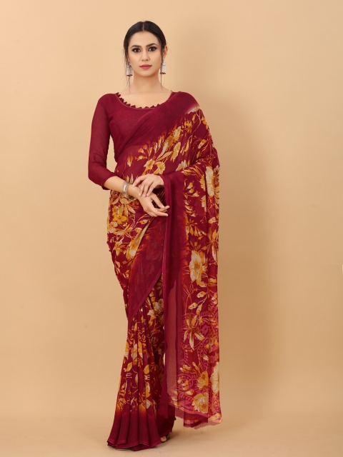 

PERFECTBLUE Maroon & Yellow Floral Pure Georgette Saree