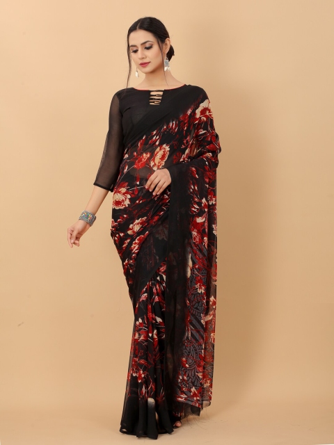

PERFECTBLUE Black & Red Floral Pure Georgette Saree