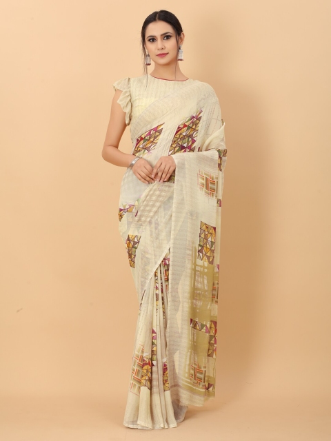 

PERFECTBLUE Cream-Coloured & Pink Pure Georgette Saree