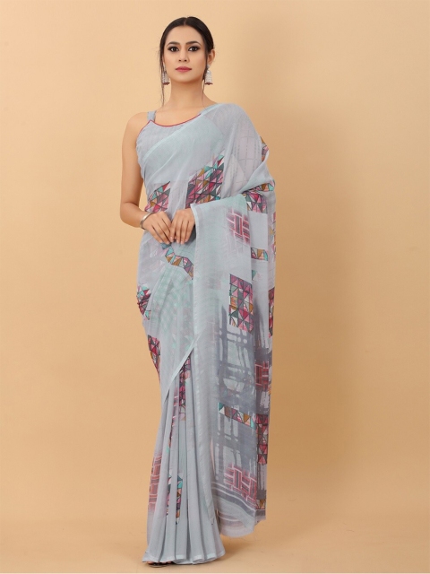 

PERFECTBLUE Grey & Pink Pure Georgette Saree