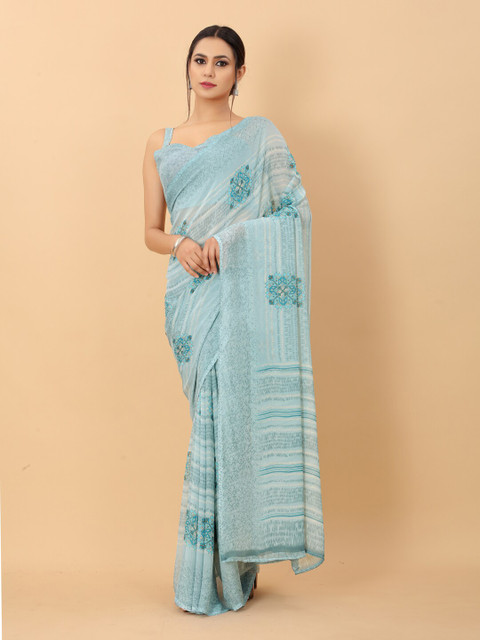 

PERFECTBLUE Blue & White Ethnic Motifs Printed Pure Georgette Saree