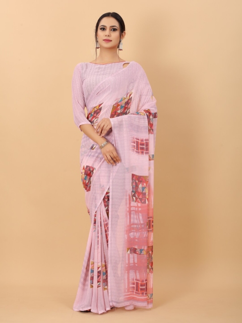 

PERFECTBLUE Pink Geometric Printed Georgette Saree