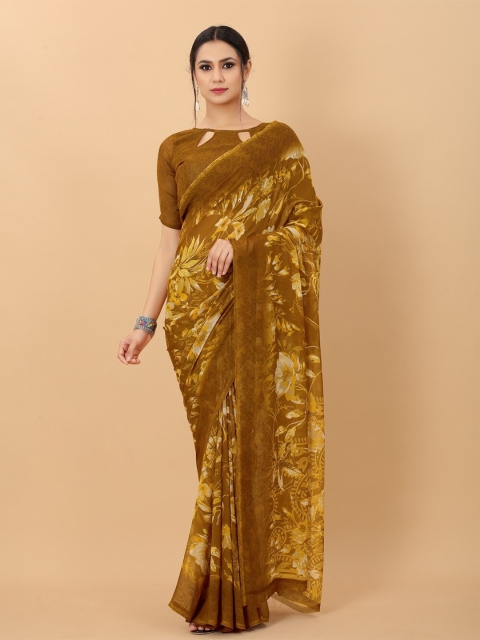 

PERFECTBLUE Yellow & Brown Floral Pure Georgette Saree