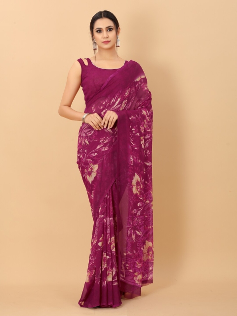 

PERFECTBLUE Pink & Beige Floral Printed Pure Georgette Saree