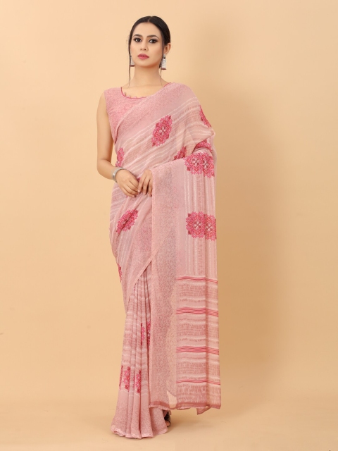 

PERFECTBLUE Pink & White Pure Georgette Saree
