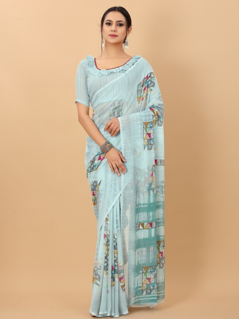 

PERFECTBLUE Sea Green & Magenta Printed Pure Georgette Saree
