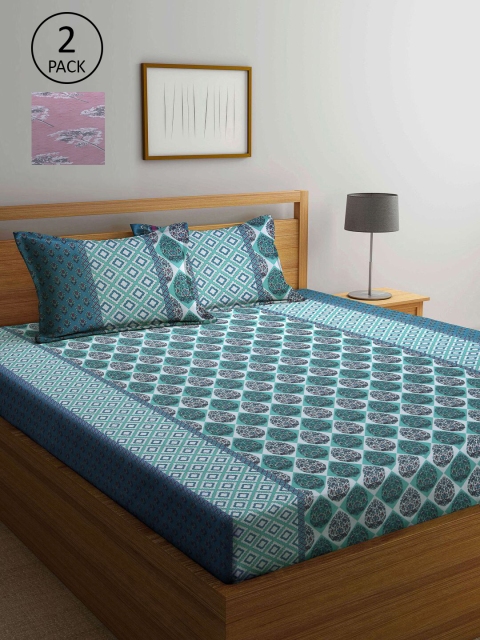 

KLOTTHE Peach-Coloured & Green Floral 210 TC 2 Queen Bedsheet with 4 Pillow Covers