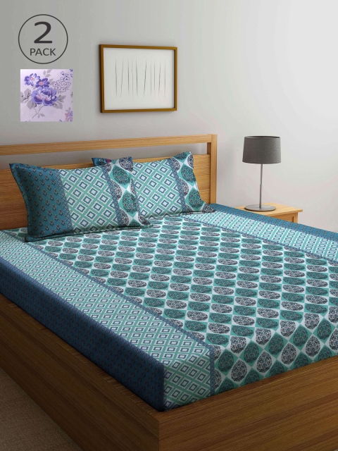 

KLOTTHE Purple & Blue Geometric Pure Cotton 210 TC 2 Queen Bedsheet with 4 Pillow Covers