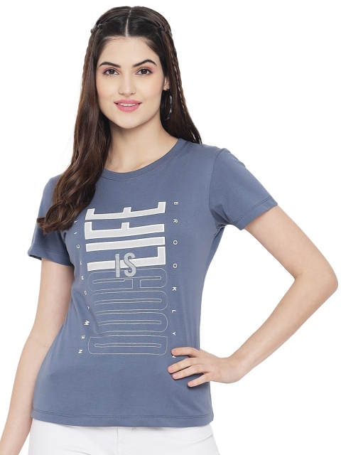 

Plagg Women Blue & White Typography Printed Cotton T-shirt