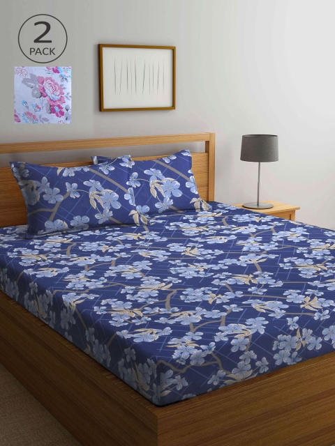 

KLOTTHE Blue,Pink & White Floral 210 TC 2 Queen Bedsheet with 4 Pillow Covers