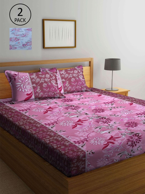 

KLOTTHE White & Pink Floral 210 TC 2 Queen Bedsheet with 4 Pillow Covers
