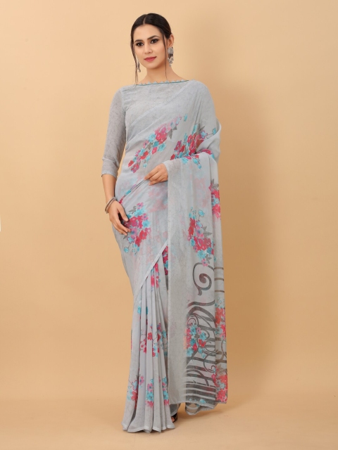 

PERFECTBLUE Grey & Red Floral Printed Saree