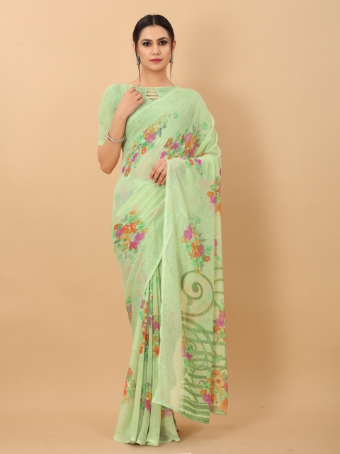 

PERFECTBLUE Green & Orange Floral Poly Georgette Saree