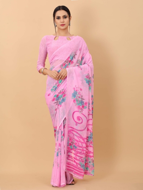 

PERFECTBLUE Pink & Blue Floral Saree