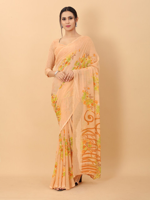 

PERFECTBLUE Orange & Green Floral Printed Saree