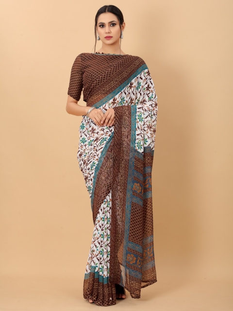 

PERFECTBLUE Brown & White Ethnic Printed Poly Georgette Saree