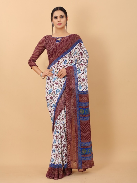 

PERFECTBLUE Maroon & White Floral Saree