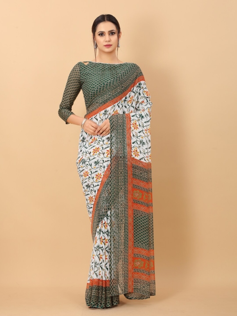 

PERFECTBLUE Green & White Floral Saree
