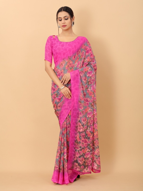 

PERFECTBLUE Pink & Grey Floral Georgette Saree