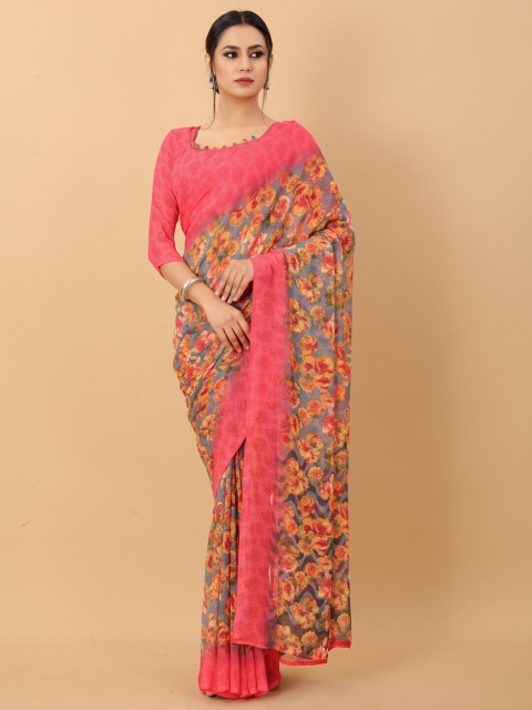 

PERFECTBLUE Pink & Grey Floral Saree