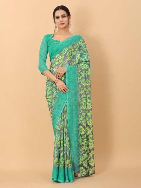 

PERFECTBLUE Teal & Green Floral Saree