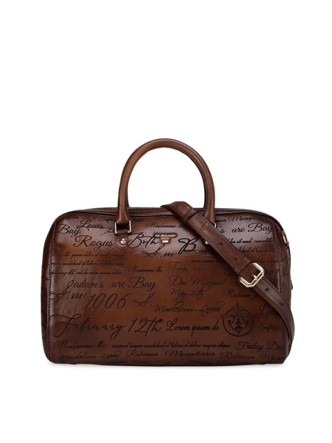 

Da Milano Brown Leather Oversized Structured Handheld Bag with Cut Work