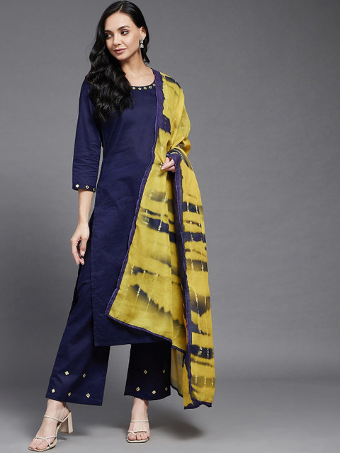 

Azira Women Navy Blue Yoke Design Pure Cotton Kurta with Palazzos & With Dupatta