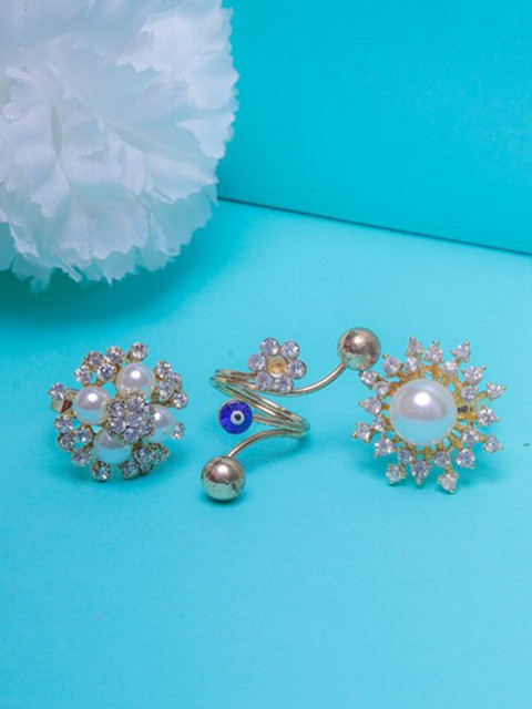 

DIVA WALK Set Of 3 Gold-Plated & Pearl Studded Finger Ring