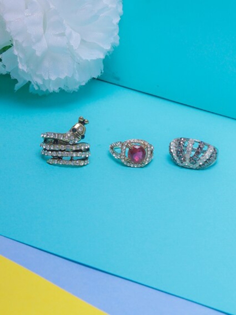 

DIVA WALK Set Of 3 Silver-Plated & CZ Stone-Studded Finger Ring