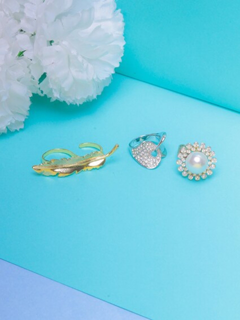 

DIVA WALK Set Of 3 Gold-Plated & White CZ Studded Finger Ring