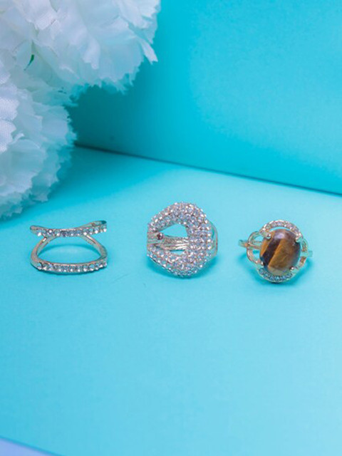 

DIVA WALK Set Of 3 Gold-Plated & Stone Studded Finger Ring