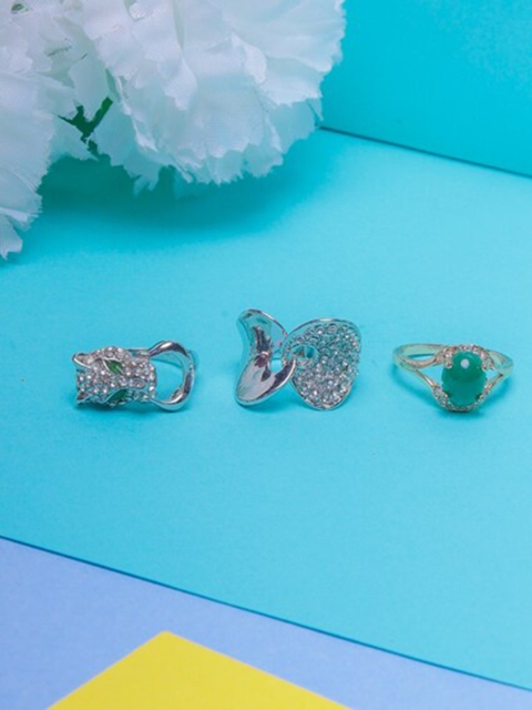 

DIVA WALK Set Of 3 Silver-Plated White & Green CZ-Studded Finger Ring