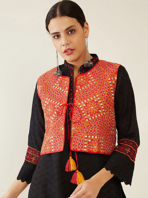 

Soch Women Orange Floral Crop Tailored Jacket with Embroidered