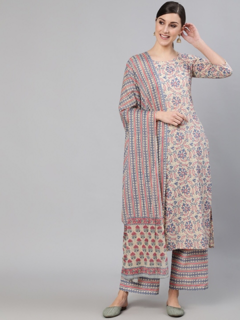 

Nayo Women Cream-Coloured Printed Pure Cotton Kurta with Palazzos & With Dupatta